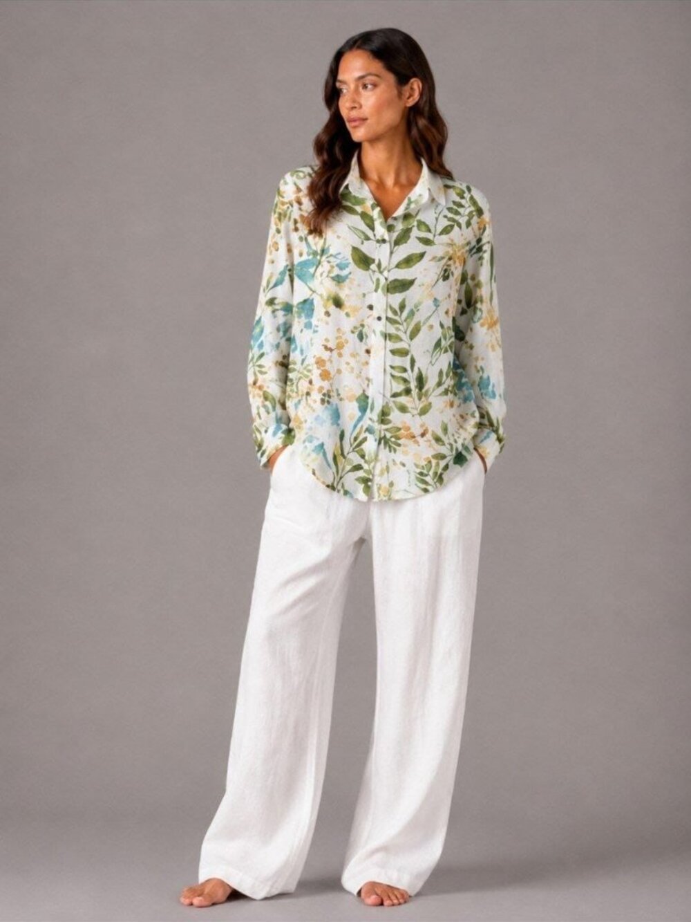 NEW Women’s Cotton Viscose Botanical Button Down Shirt Green Floral LongSleeve L